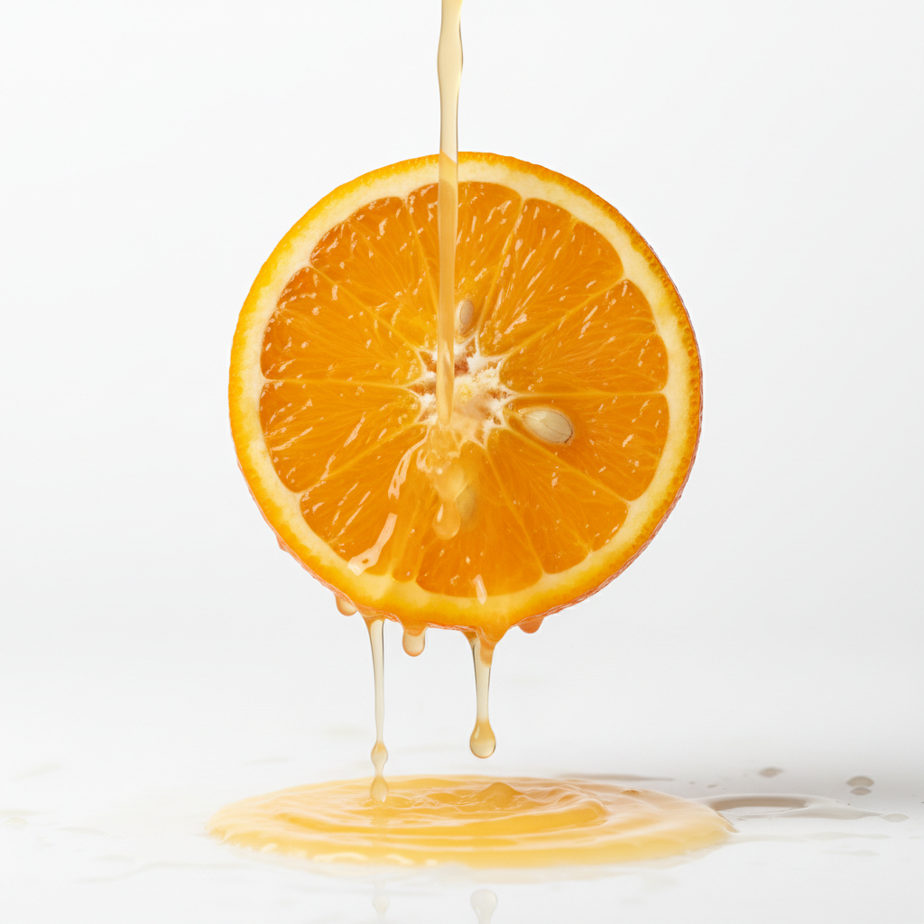 ARANCIA DA SPREMUTA ( APERTA CHE PERDE LIQUIDO) SFONDO BIANCO, FORMATO QUADRATO